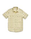 Closeup detail view of Men's Sawtooth Linen Short Sleeve Pearl Snap - Yellow / Teal