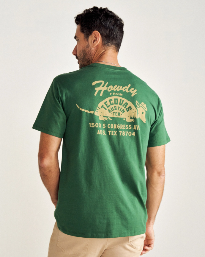 Back view of Men's Howdy Armadillo Tee - Green / Khaki on model