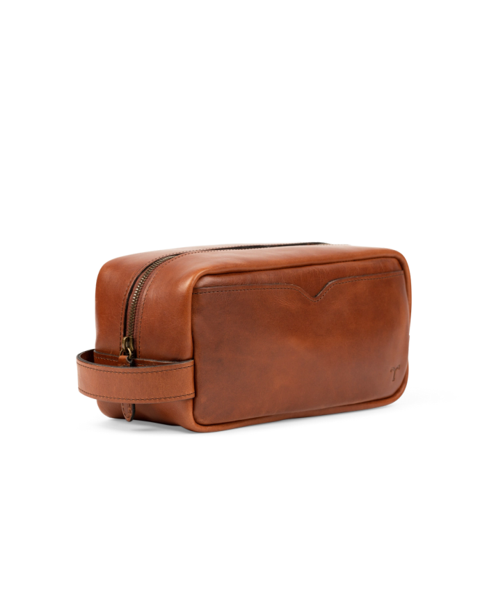 Quarterfront view of the Bartlett Travel Kit in Cognac