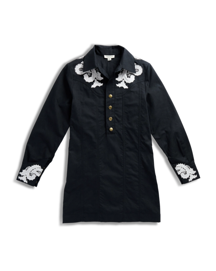 Front view of Women's L/S Applique Mini Dress - Black on plain background