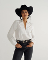 Front view of Women's L/S Embroidered Cotton Popover Top - White on model