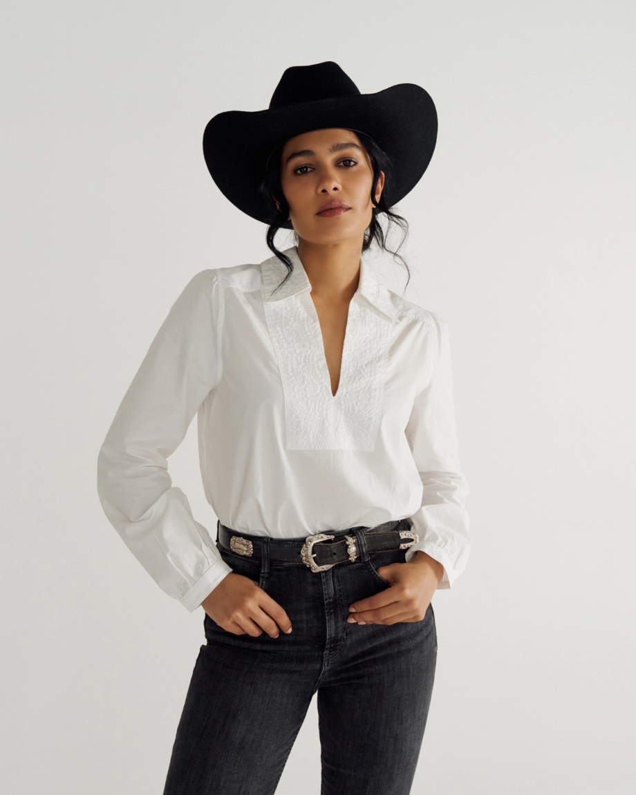 Front view of Women's L/S Embroidered Cotton Popover Top - White on model