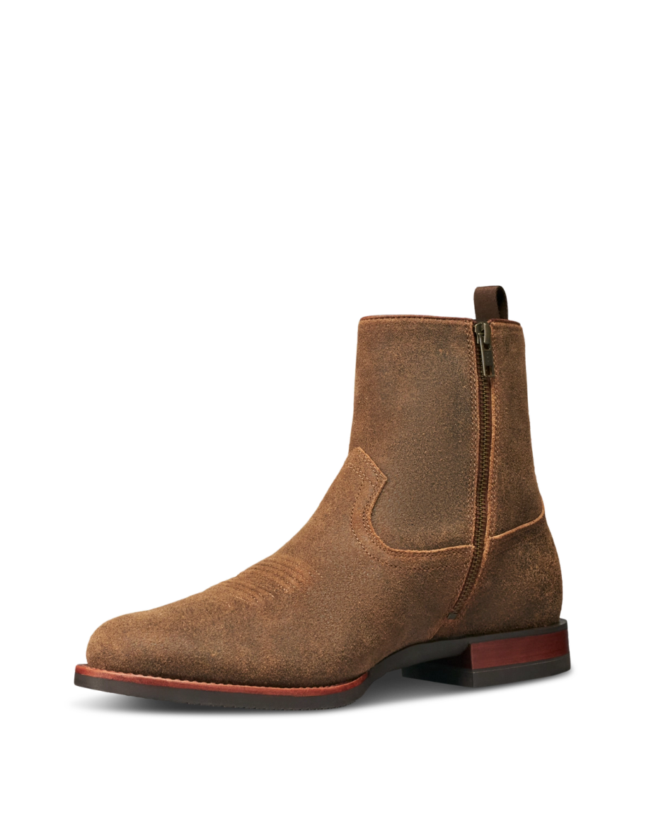 Quarterfront view of The Wayne - Dustwood Suede on plain background