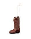 A small brown cowboy boot ornament with decorative stitching and a white hanging loop attached at the top, displayed on a plain white background.