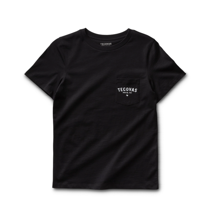 Black T-shirt with a front pocket, featuring "Tecovas" logo text above the pocket.