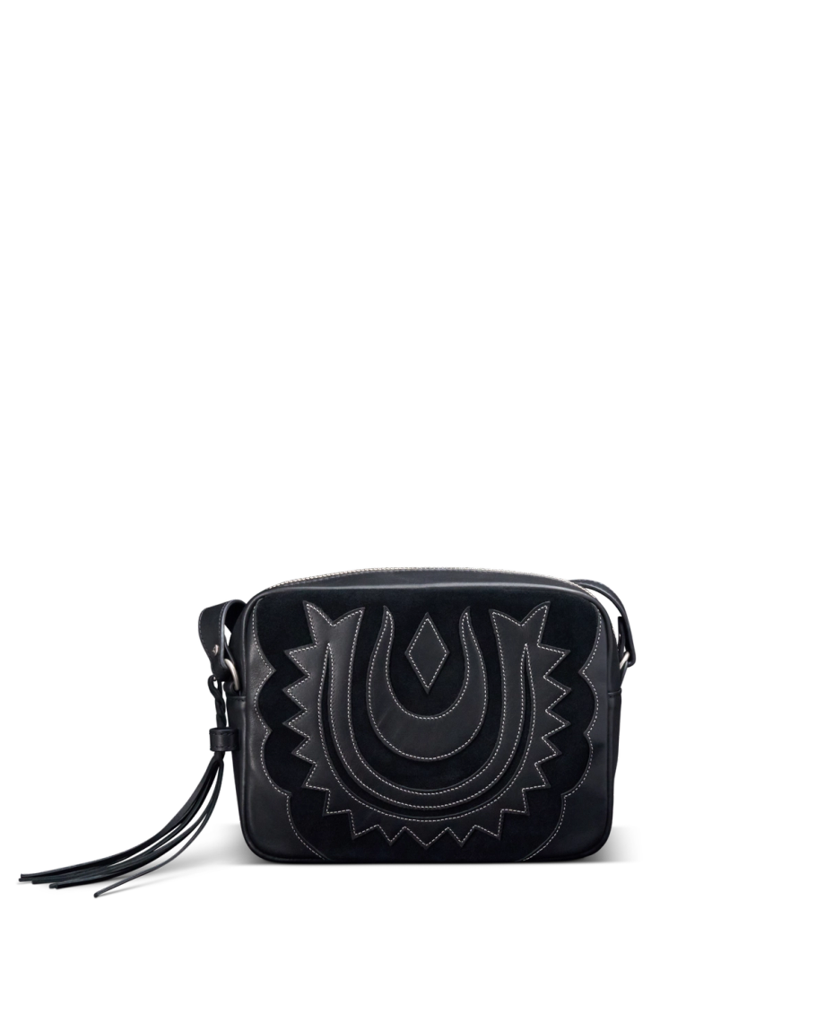 Front view of Horseshoe Topzip Crossbody - Black Cowhide on plain background