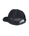 Black mesh-back baseball cap with an adjustable strap, facing backwards against a black background.