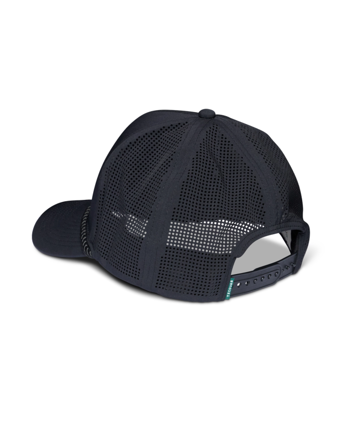 Black mesh-back baseball cap with an adjustable strap, facing backwards against a black background.