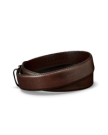 A rolled-up brown leather belt with the word "TECOVAS" embossed on the inside, displayed on a plain white background.