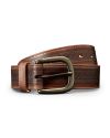 Brown leather belt with embossed pattern and brass buckle, coiled on a plain white background.