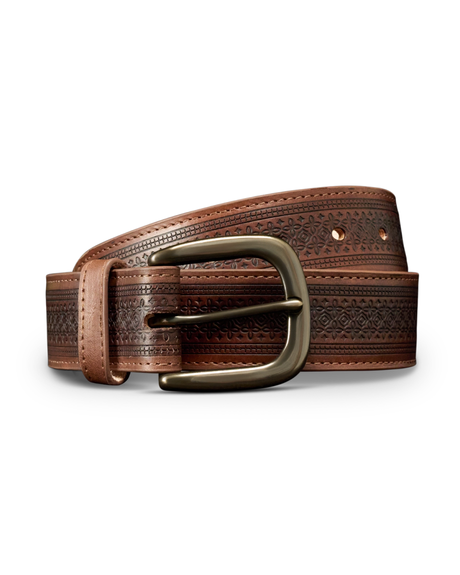 Brown leather belt with embossed pattern and brass buckle, coiled on a plain white background.