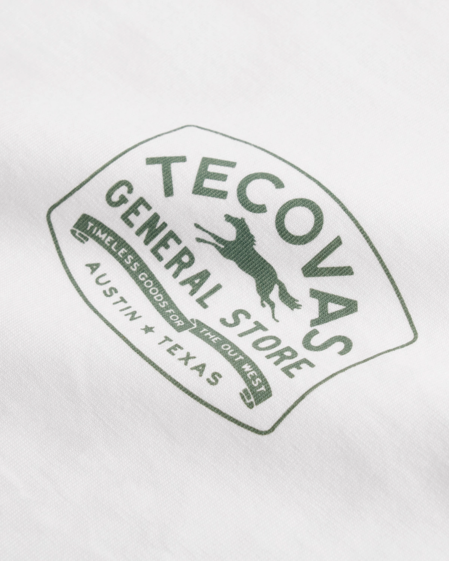 Closeup detail view of Men's General Store T-Shirt - Bone/Green