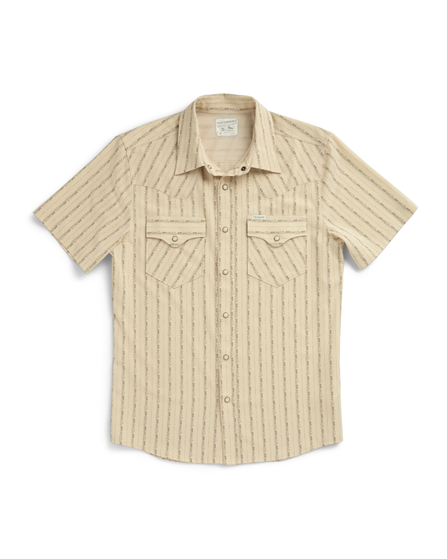 Closeup detail view of Men's Performance Western Short Sleeve Pearl Snap - Sandstone/Multi