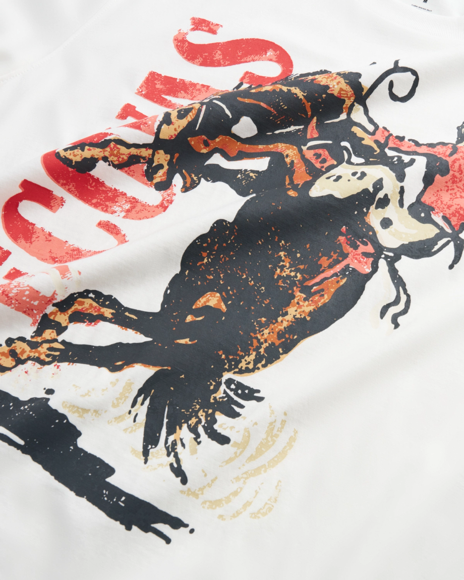 Closeup view of Men's Buckin Bronco Tee - Bone / Multi