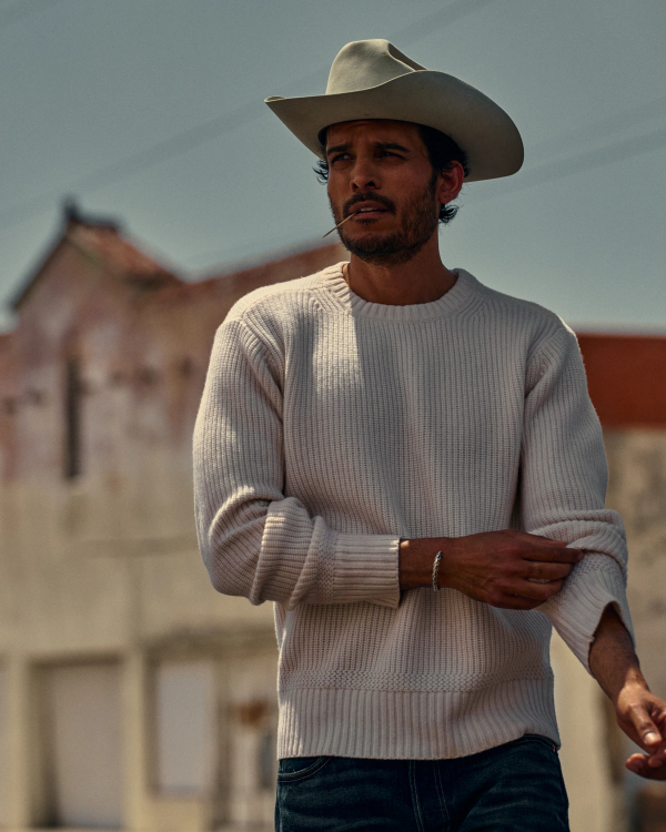 View of Men's Crew Neck Desert Sweater - Whisper White