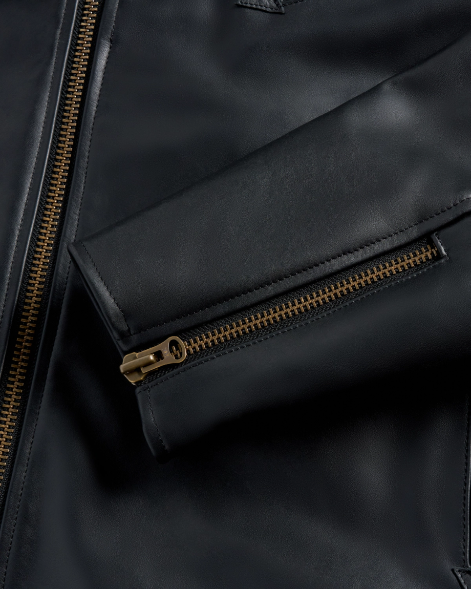 Closeup view of Men's Leather Biker Jacket - Black