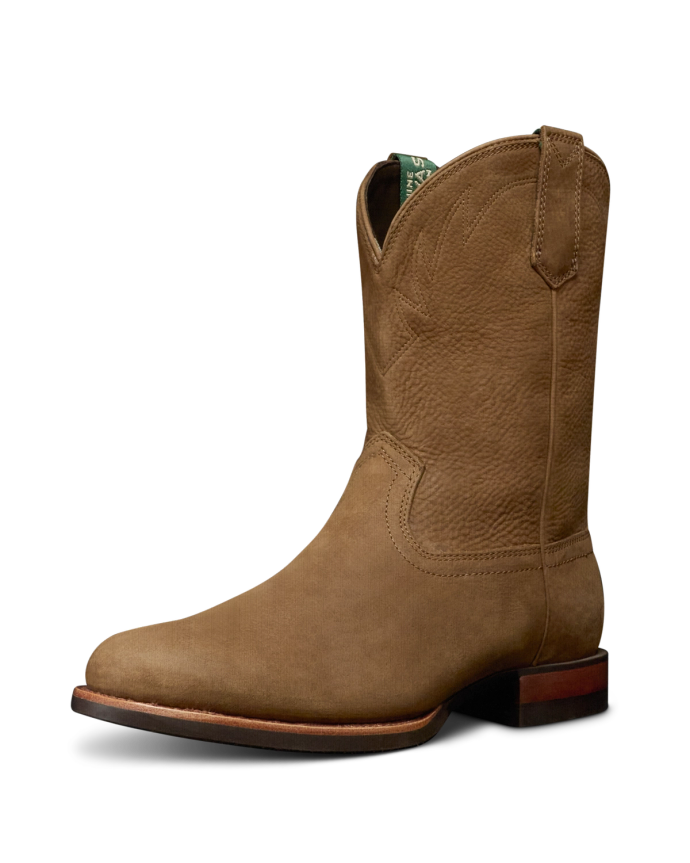 Quarterfront view of The Glen - Light Mesquite Cowhide on plain background