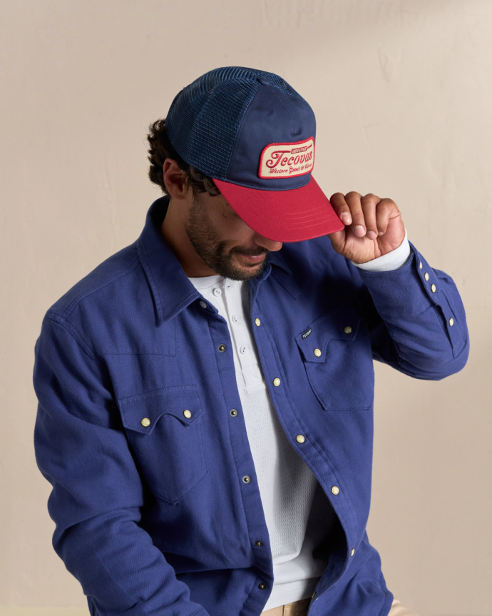 Profile view of Vintage Patch Five-Panel Low Profile Hat - Navy/Red on plain background