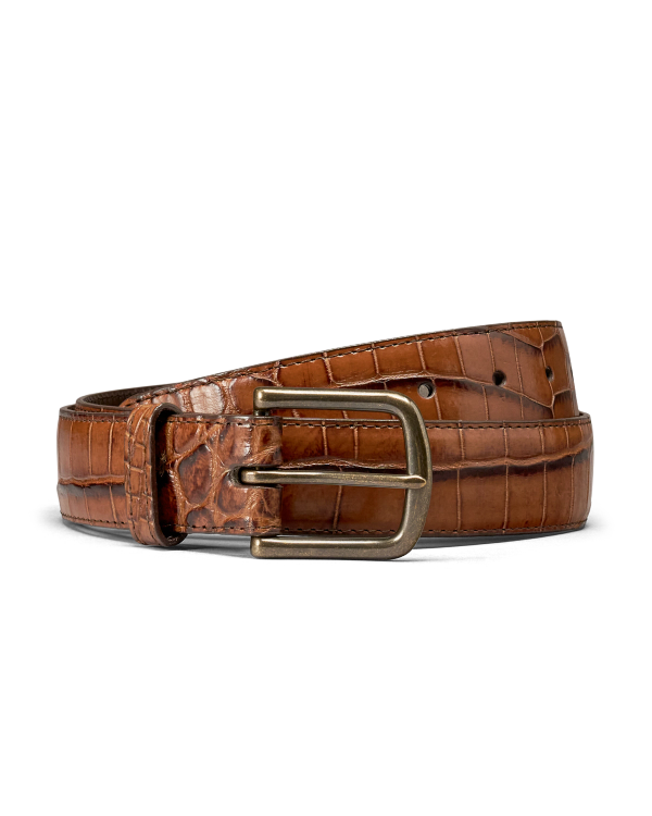Brown croc-embossed leather belt with a brass-toned buckle.