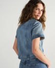 Back view of Women's Short Sleeve Denim Top - Light Wash on model