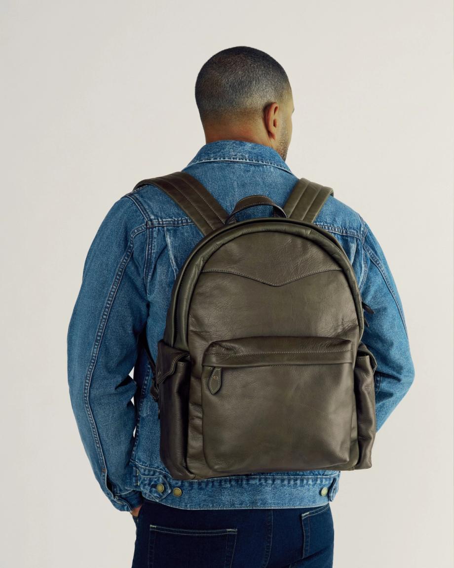View of Men's Leather Backpack - Dark Olive