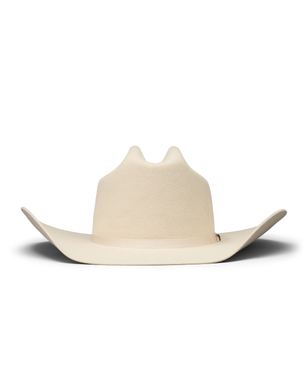 A wide-brimmed, light beige cowboy hat with a tall crown and upturned sides, displayed on a plain white background.