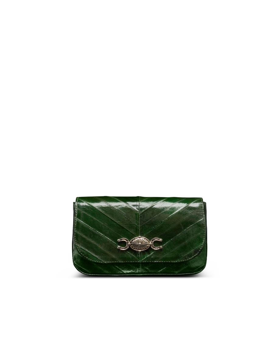 Front view of Eel Concho Clutch - Green on plain background