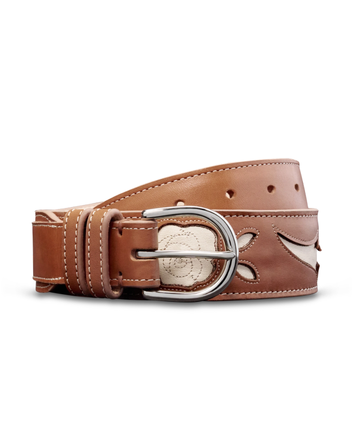 Unbuckled view of Women's Rose Inlay Belt - Caramel / Bone on plain background