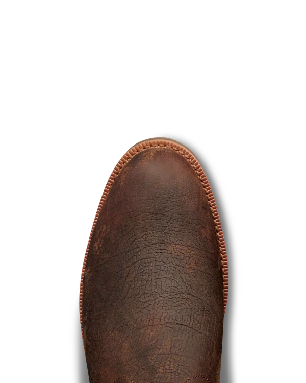 Toe view of Tecovas x Mossy Oak Rugged Roper - Full Foliage Cowhide on plain background