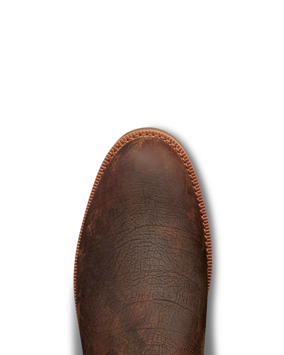 Toe view of Tecovas x Mossy Oak Rugged Roper - Full Foliage Cowhide on plain background