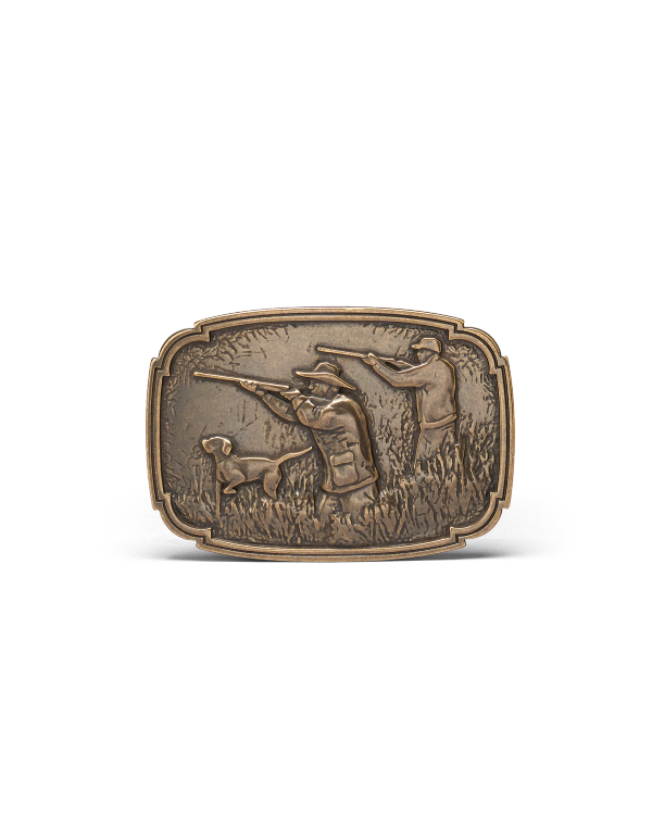 Front view of Hunting Scene Buckle - Antique Brass on plain background