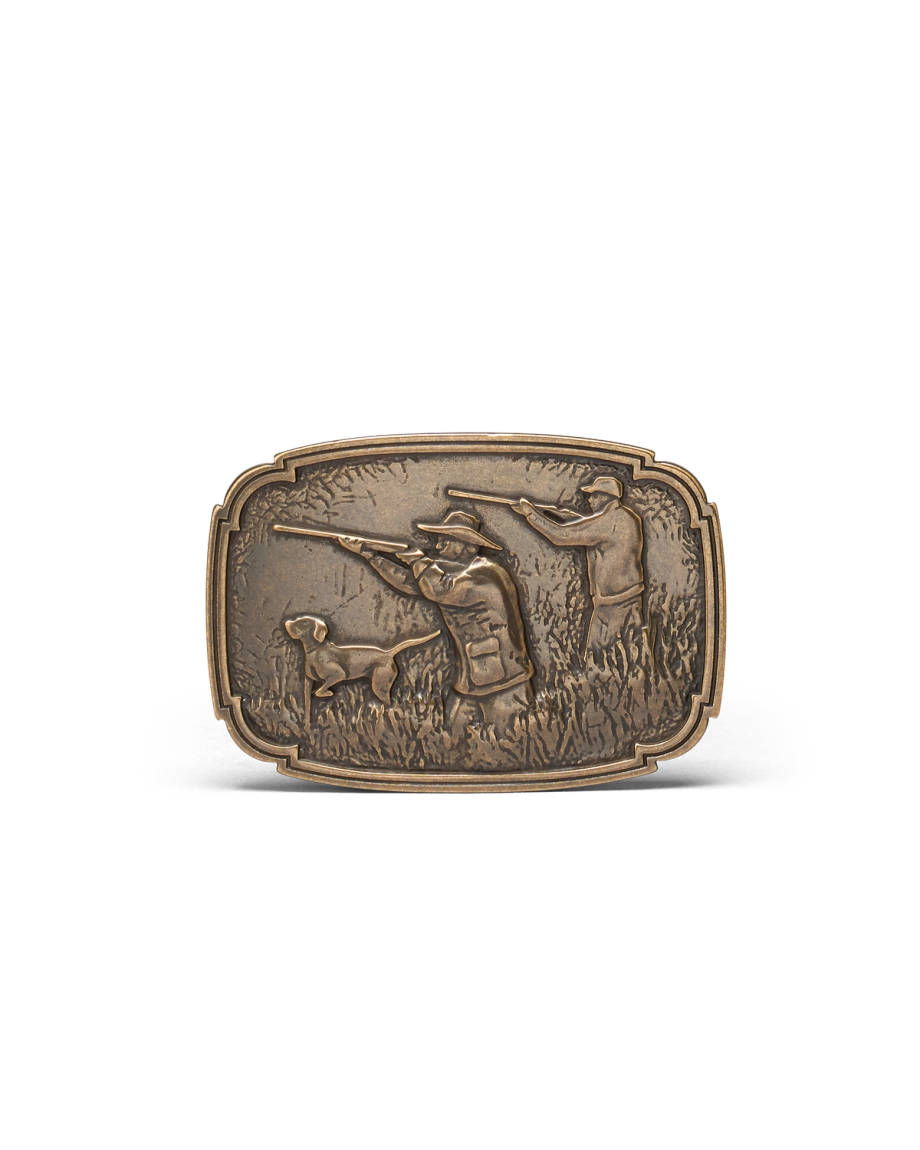 Front view of Hunting Scene Buckle - Antique Brass on plain background