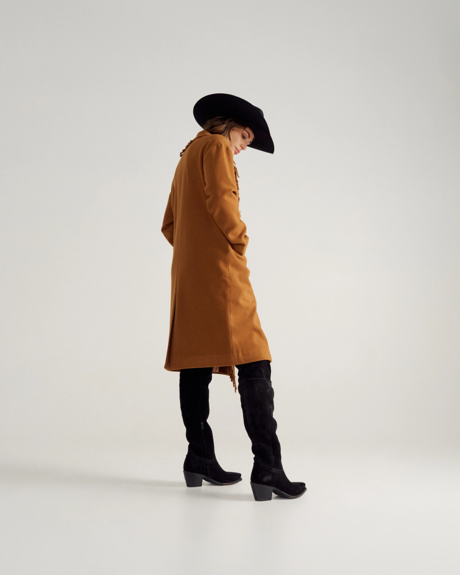 Closeup detail view of Women's Western Fringe Coat - Caramel