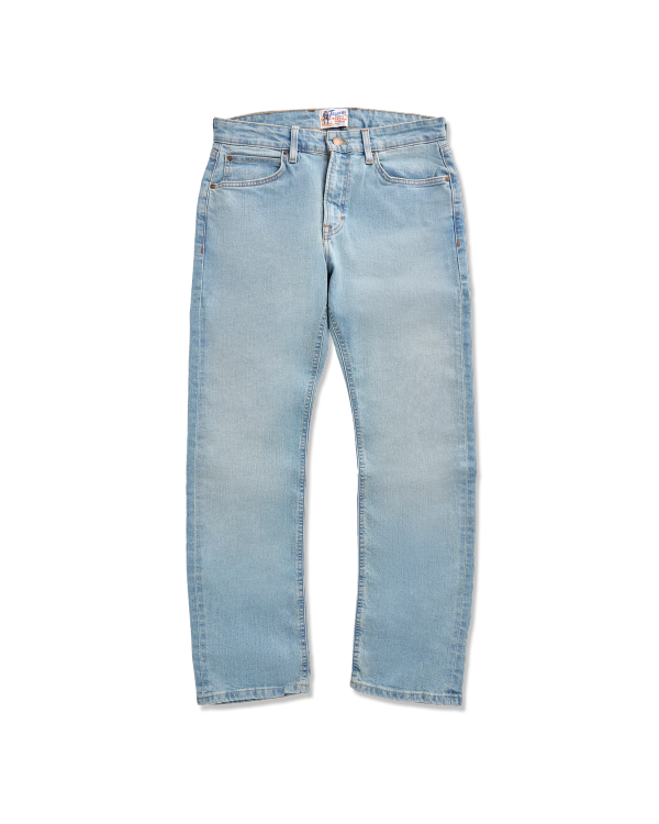 Front view of Men's Straight Stretch Denim - Light Stone Wash on plain background