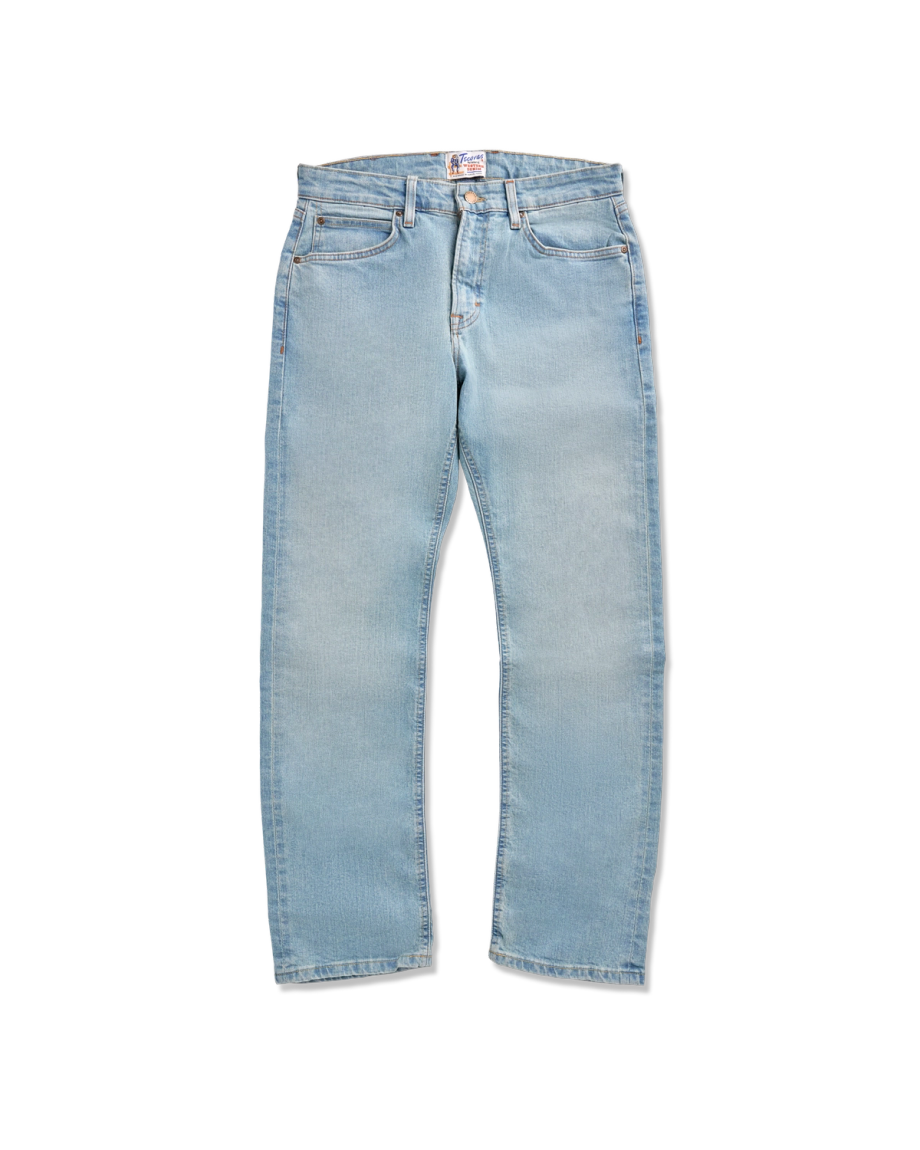 Front view of Men's Straight Stretch Denim - Light Stone Wash on plain background