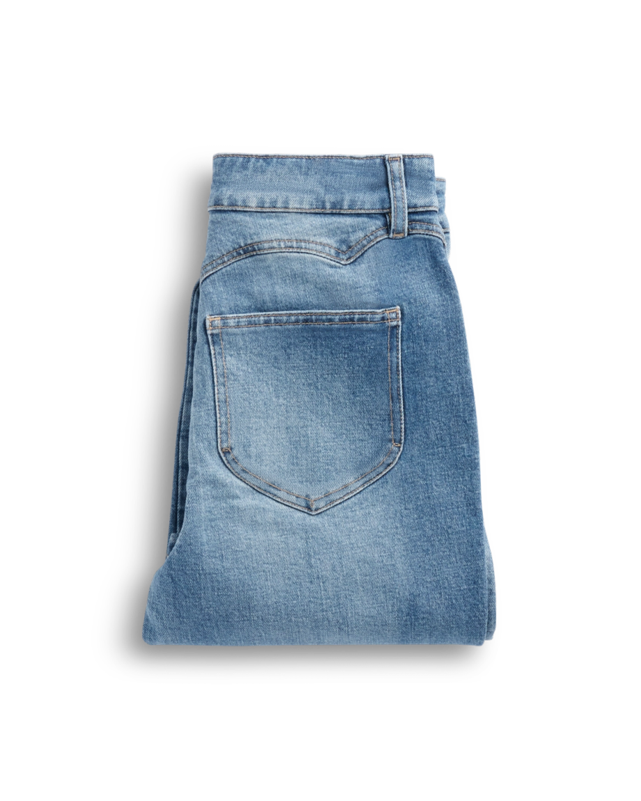 Folded view of Women's Vintage High Rise Jean - Light Wash on plain background