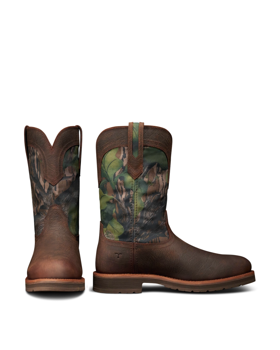 Pair view of Tecovas x Mossy Oak Rugged Roper - Full Foliage Cowhide on plain background