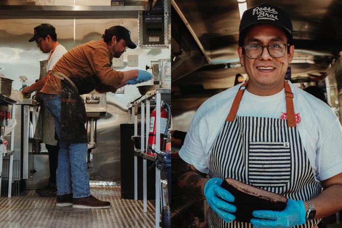 split image of man preparing food in the kitchen on the left and a portrait of a man with Reese Bros cap holding smoked meat