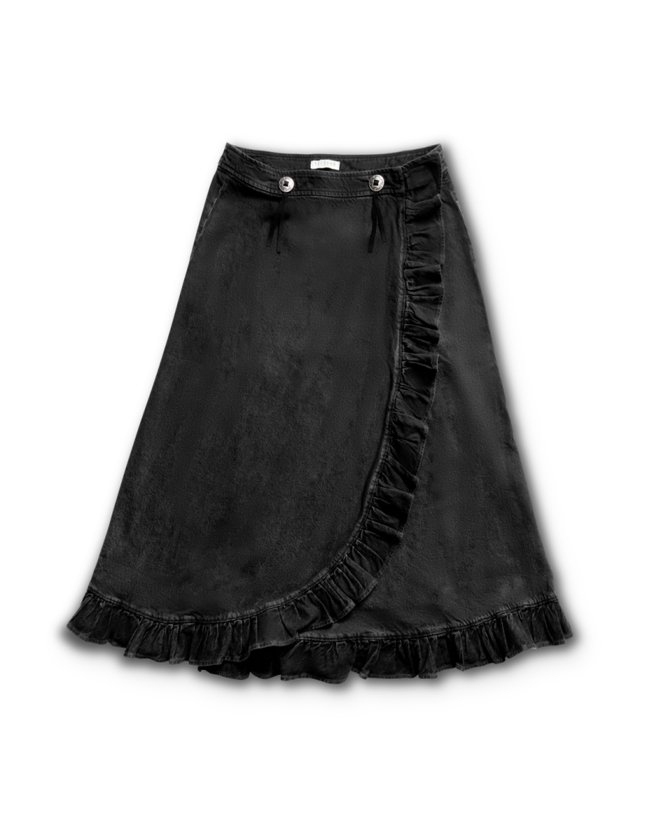 Front view of Women's Rodeo Maxi Denim Skirt - Black on plain background