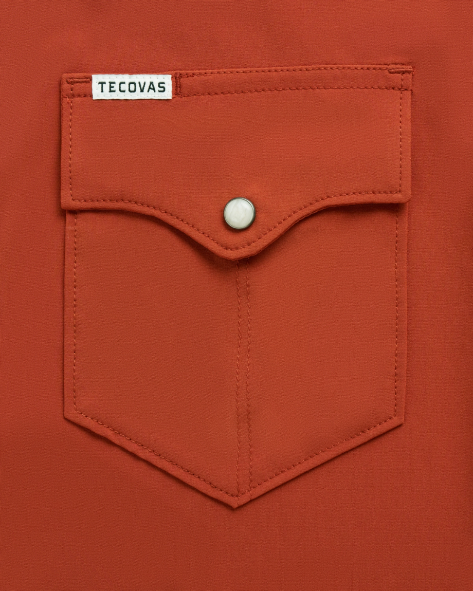 Closeup detail view of Men's Performance Western Pearl Snap SS - Orange Rust