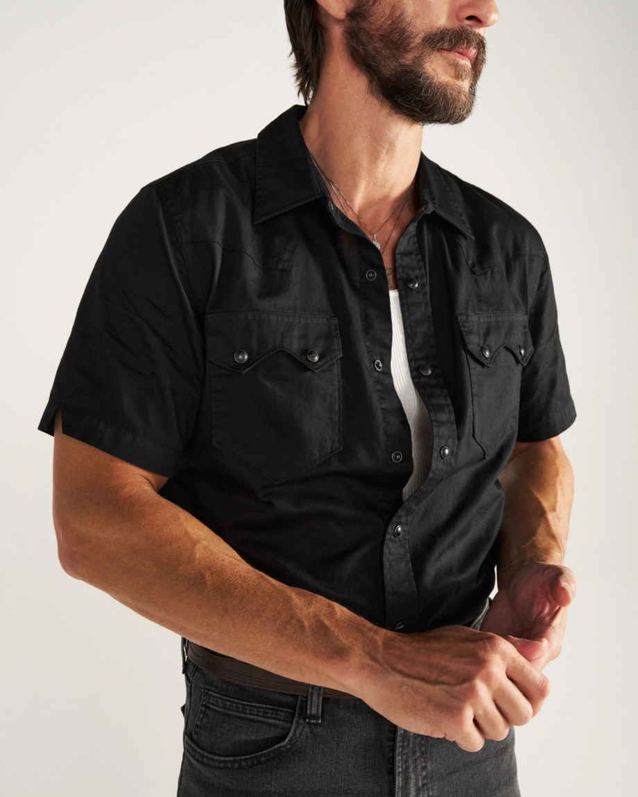 Closeup detail view of Men's Vintage Weight Short Sleeve Pearl Snap - Midnight