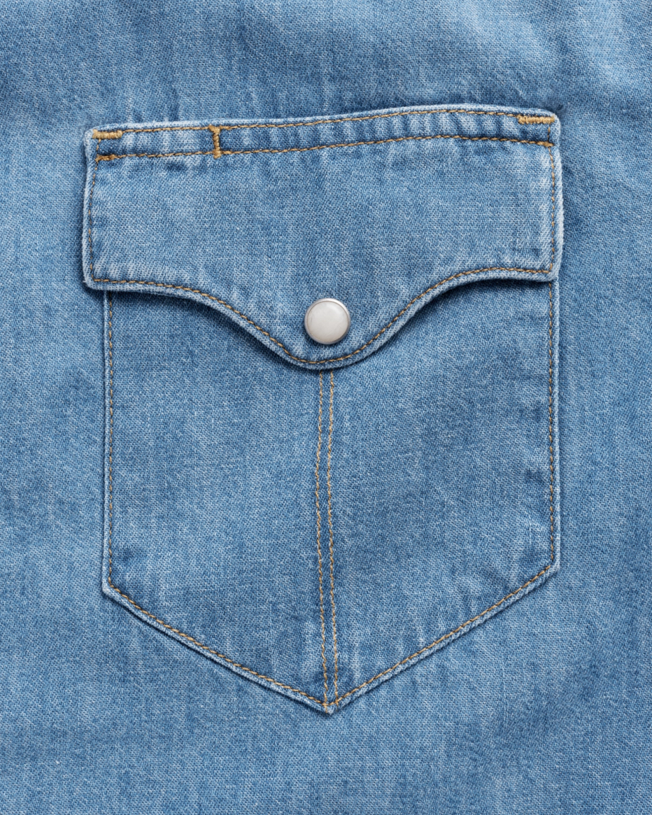 Closeup detail view of Men's Denim Pearl Snap SS - Turquoise / Multi