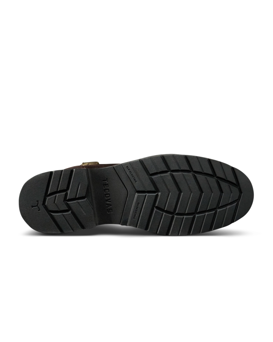 Toe view of The Rugged Round Toe - Umber / Sage Cowhide on plain background