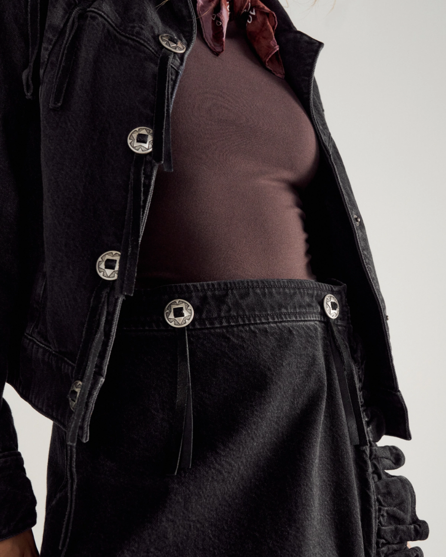 Closeup detail view of Women's Rodeo Maxi Denim Skirt - Black