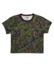 A short-sleeve t-shirt featuring a photorealistic forest camouflage pattern with green leaves, brown branches, and tree bark, displayed on a white background.