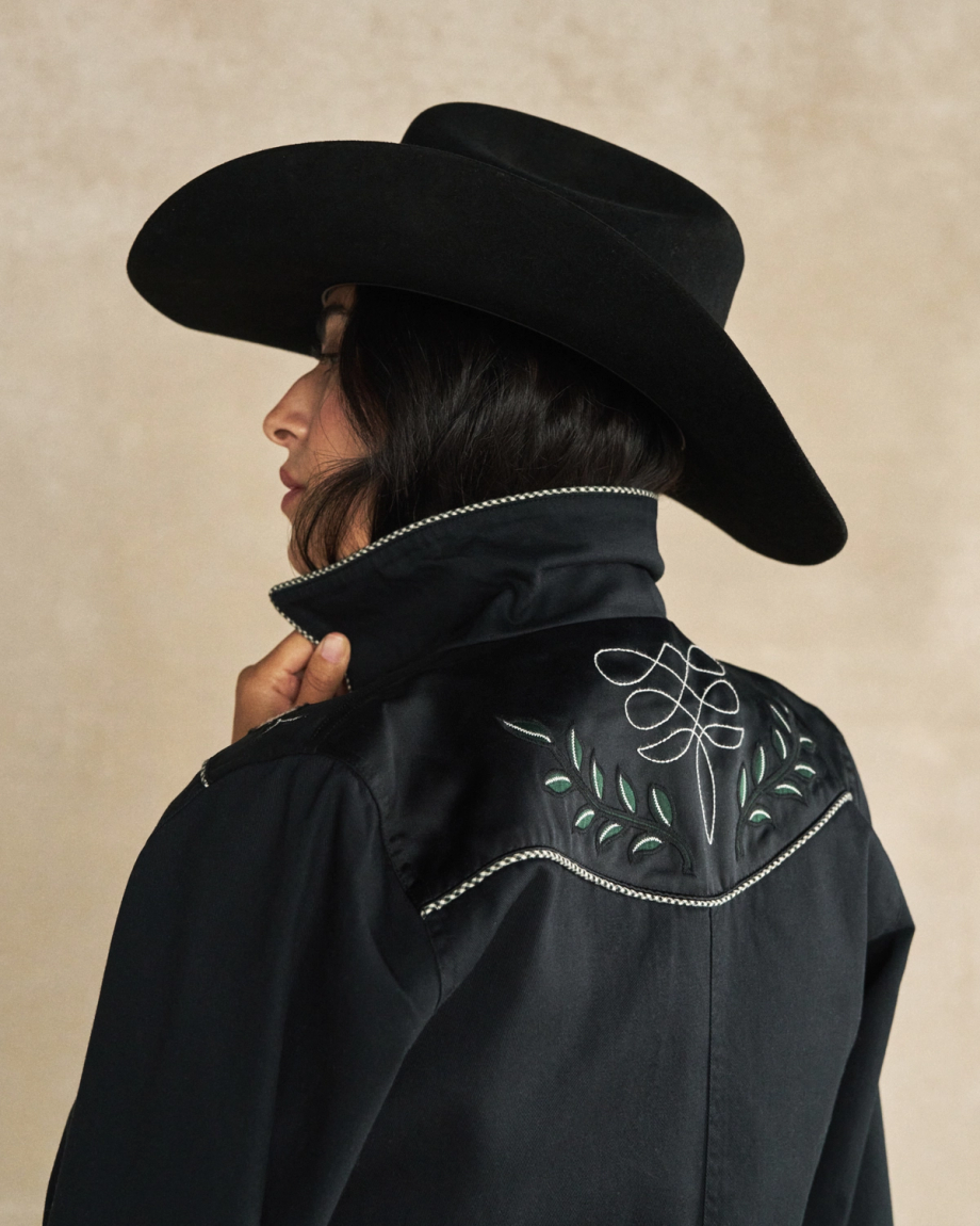 Back view of Women's Embroidered Dolly Jacket - Black on model