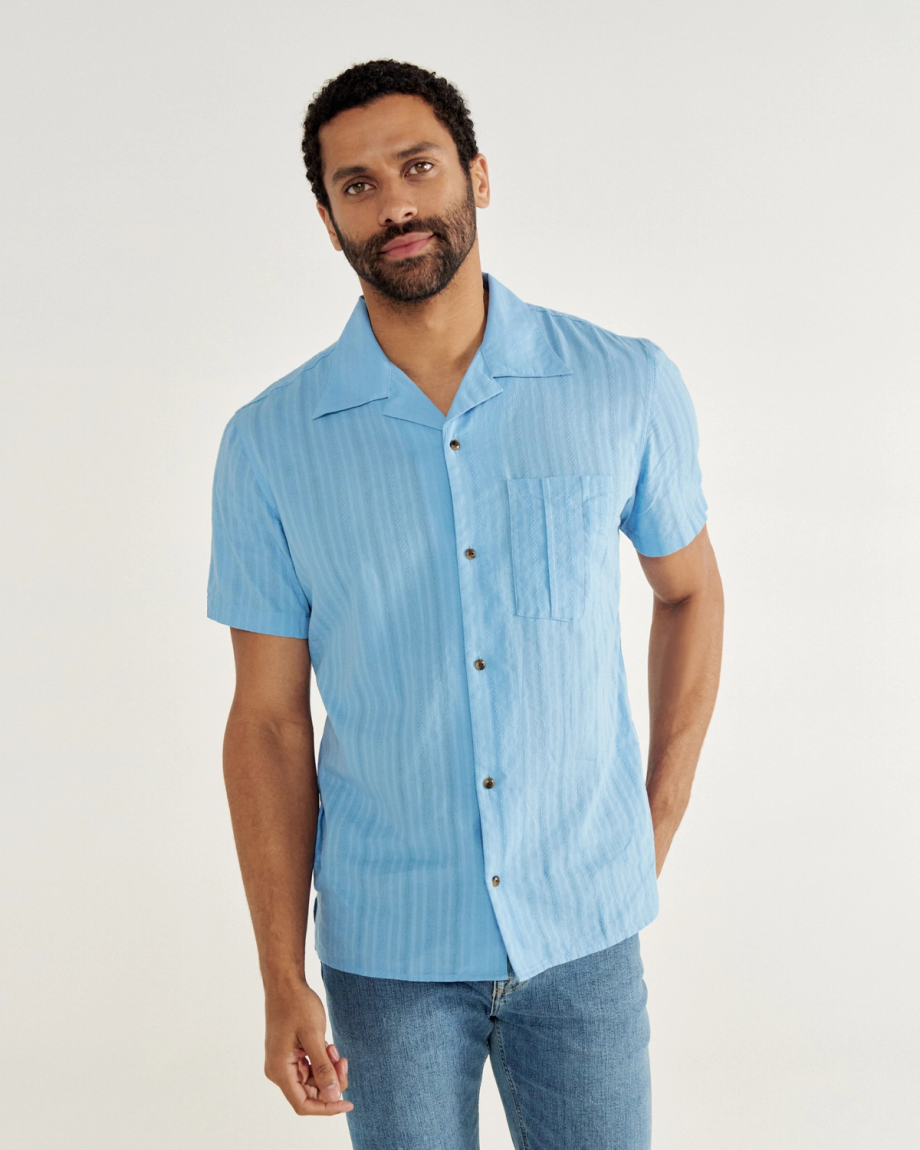 Closeup detail view of Men's Dobby Camp Short Sleeve Shirt - Light Blue