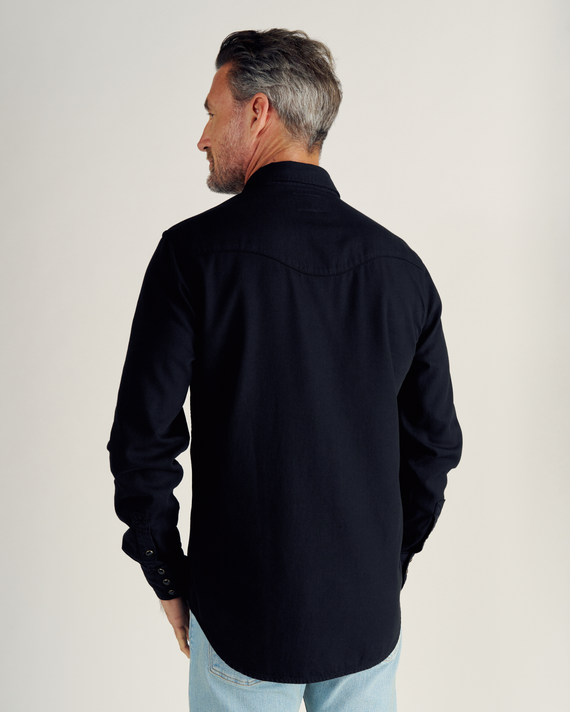 Closeup detail view of Men's Denim Long Sleeve Pearl Snap - Black