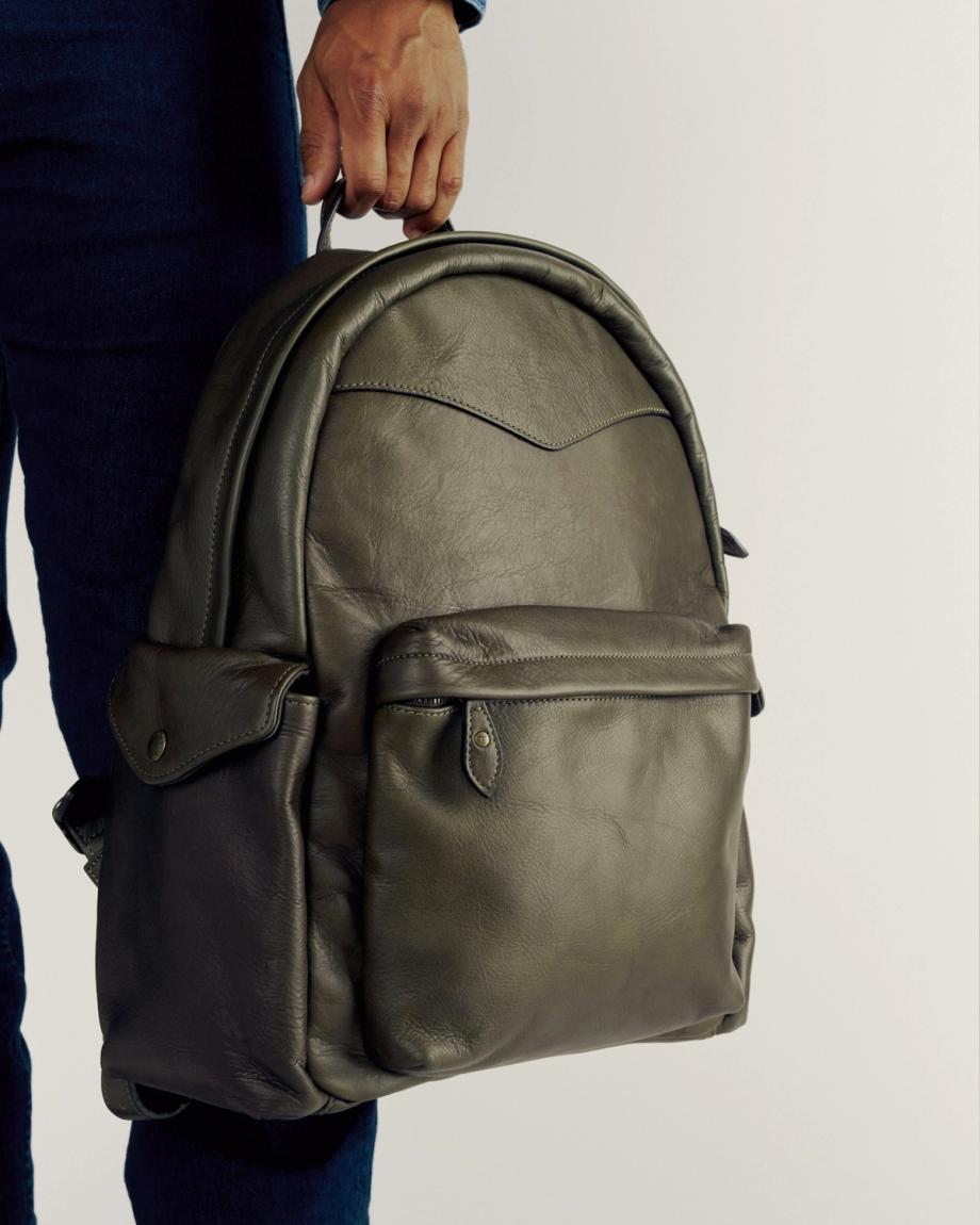 View of Men's Leather Backpack - Dark Olive