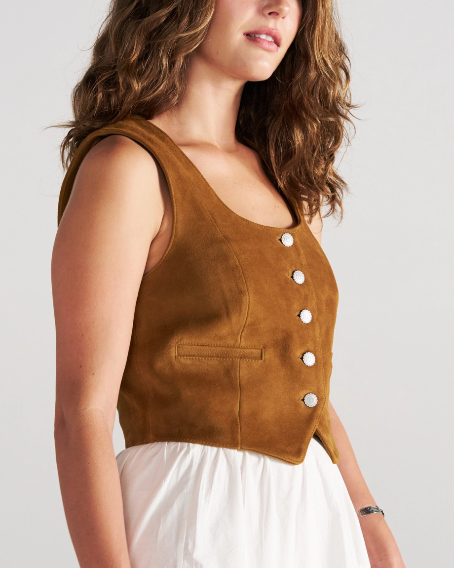 Front view of Women's Suede Vest - Sienna on model